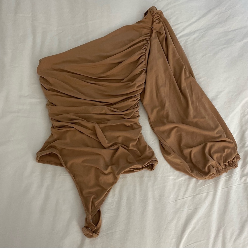 REVOLVE Majorelle Dani One Shoulder Bodysuit in Toffee Nude